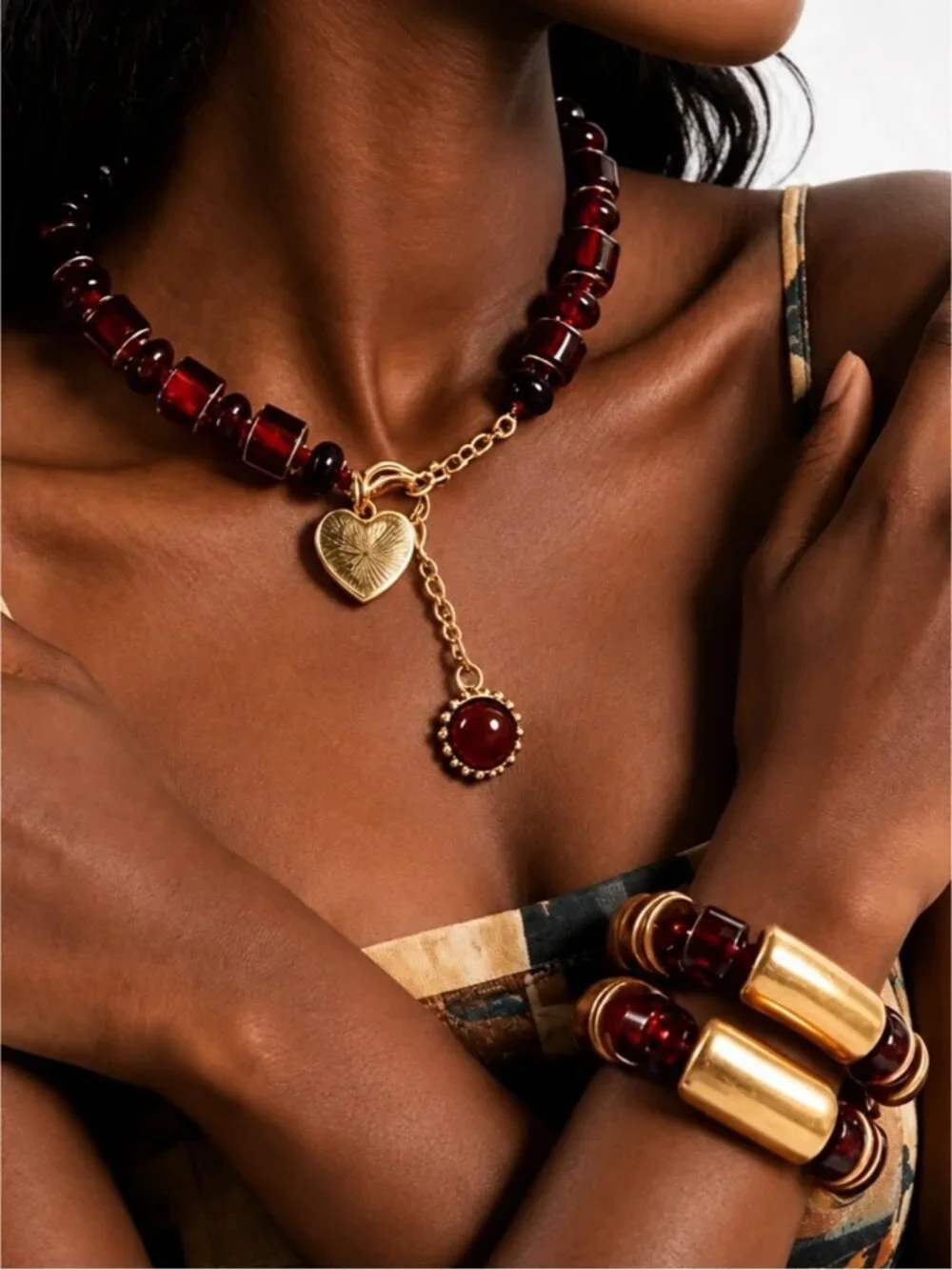 Gold tone Heart Necklace with Deep Wine Beads and Bracelet set